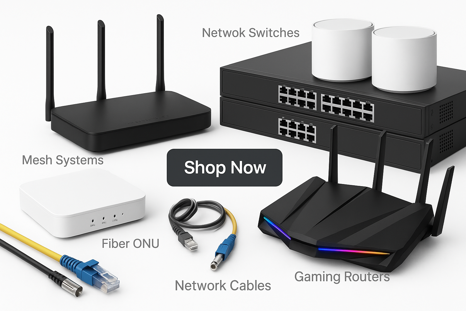 wifi router,network switches,mesh systems 
text mesh systems,gaming routers,fiber onu ,network cables and shop now button